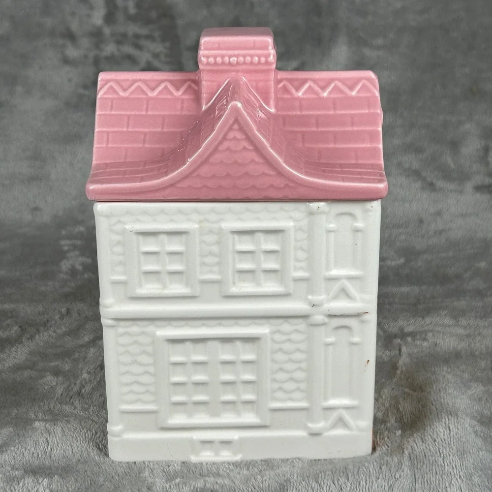 Vintage Ceramic Tea Room House Canister Pink White Victorian Cottagecore Jar